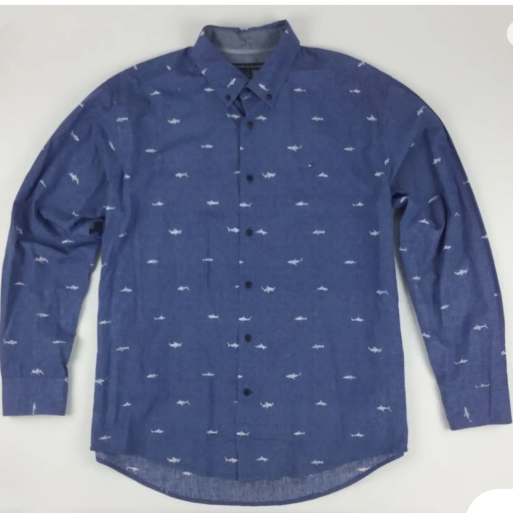 Tommy Hilfiger long sleeve shirt, XL, Blue with white Shark print, like new.